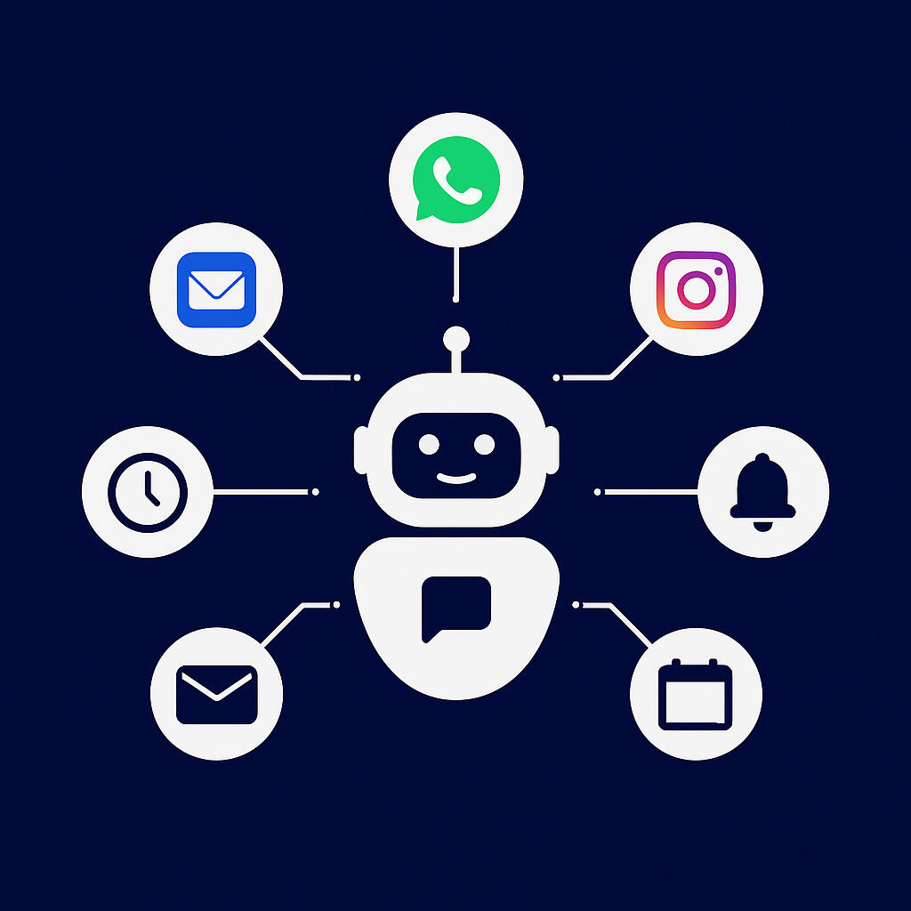 chatbot omnicanal con whatsapp, instagram, email, reserva de citas, etc imagent de un agente de IA autonomo que hace de chatbot e interconecta todas las redes sociales en un unico sitio.